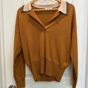 Madewell V-Neck Sweater in Orange with Striped Collar